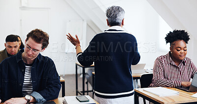 Buy stock photo Education, teacher or students in class for lecture, exam preparation or learning with technology. Woman lecturer, group or lesson in community college for development, upskill training or curriculum