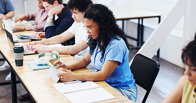 Buy stock photo College student, tablet or woman in class for education, assignment submission or knowledge research. Tech, university and person study with app, course revision or reading digital notes for learning