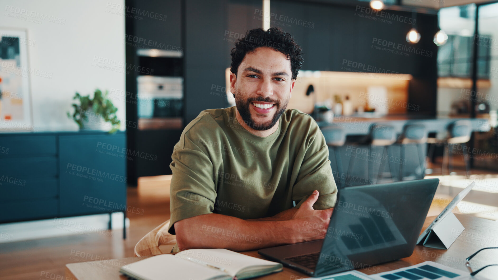 Buy stock photo Portrait, man and remote work in home with laptop, finance career and experience in data analytics. Happy, person and freelance analyst in house with computer, graphs and stats for forecasting job.