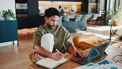 Buy stock photo Man, notebook and remote work in house with laptop, data analytics and review financial performance. Freelance analyst, person and research in home with computer, graphs and stats for finance audit.