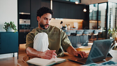 Buy stock photo Man, notebook and remote work in home with laptop, data analytics and review financial performance. Freelance analyst, person and research in house with computer, graphs and stats for finance audit.