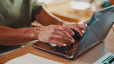 Buy stock photo Man, hands and remote work in home with laptop, data analysis and typing report for insurance claim. Freelancer, person and research in house with computer, stats or risk assessment for policy payout