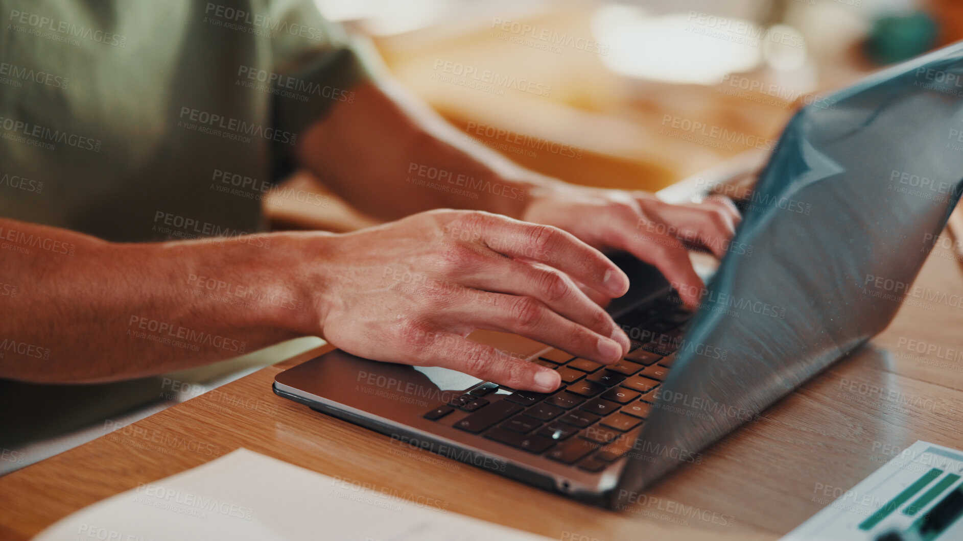 Buy stock photo Man, hands and remote work in home with laptop, data analysis and typing report for insurance claim. Freelancer, person and research in house with computer, stats or risk assessment for policy payout