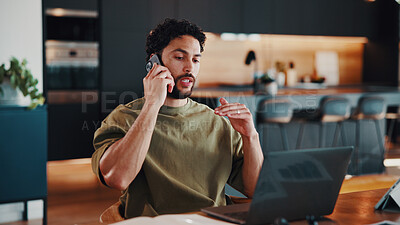 Buy stock photo Man, laptop and remote work in home with phone call, financial planning and discussion with advice. Freelancer, finance advisor or person in house with tech, contact or wealth management conversation