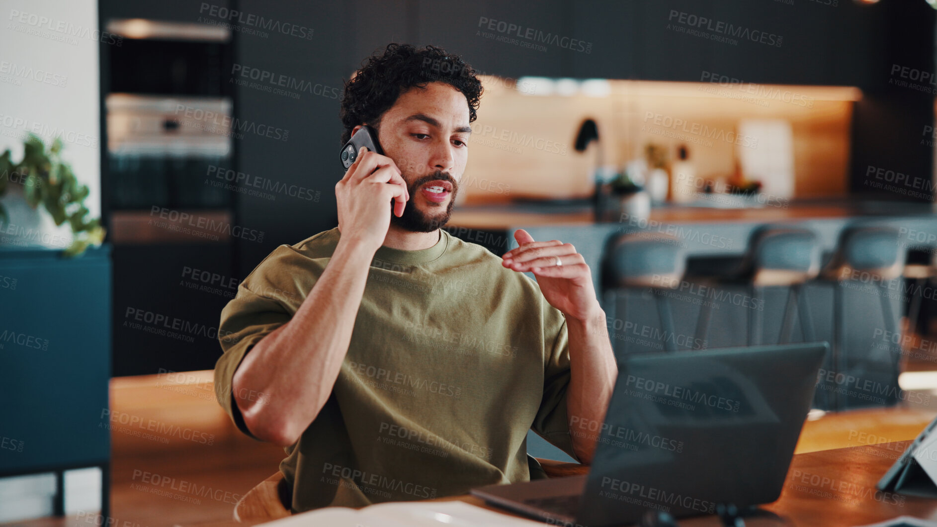 Buy stock photo Man, laptop and remote work in home with phone call, financial planning and discussion with advice. Freelancer, finance advisor or person in house with tech, contact or wealth management conversation