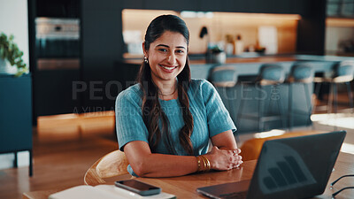 Buy stock photo Portrait, woman and remote work in home with laptop, finance career and experience in data analytics. Happy, person and freelance analyst in house with computer, graphs and stats for forecasting job.