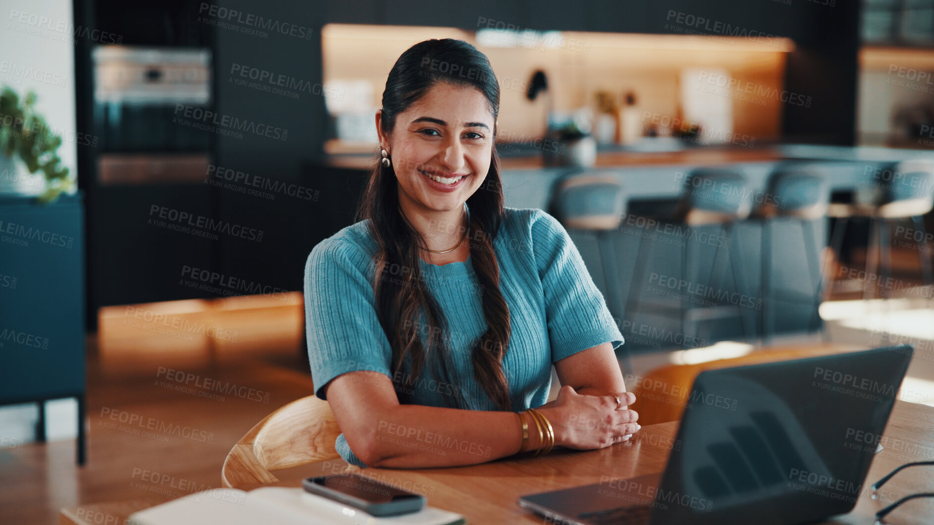 Buy stock photo Portrait, woman and remote work in home with laptop, finance career and experience in data analytics. Happy, person and freelance analyst in house with computer, graphs and stats for forecasting job.