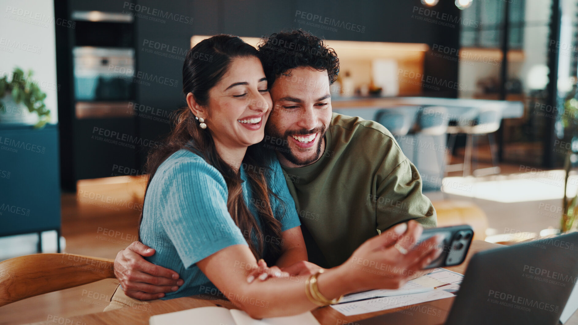 Buy stock photo Selfie, smile and documents with couple in home for budget success, profit memory and photography. Picture, banking agreement and online post with man and woman with laptop for account partner