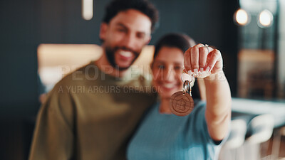 Buy stock photo Hand, key and couple moving in new home with security, property investment and support for purchase. Portrait, married people and happy in dream house with keychain, safety and relocation together.