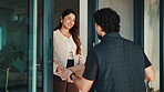 Happy, woman and delivery man at front door with box, ecommerce package and shipping service at home. Person, smile and courier worker at house with parcel distribution, customer order and postage.