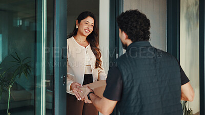 Buy stock photo Happy, woman and delivery man at front door with box, ecommerce package and shipping service at home. Person, smile and courier worker at house with parcel distribution, customer order and postage.