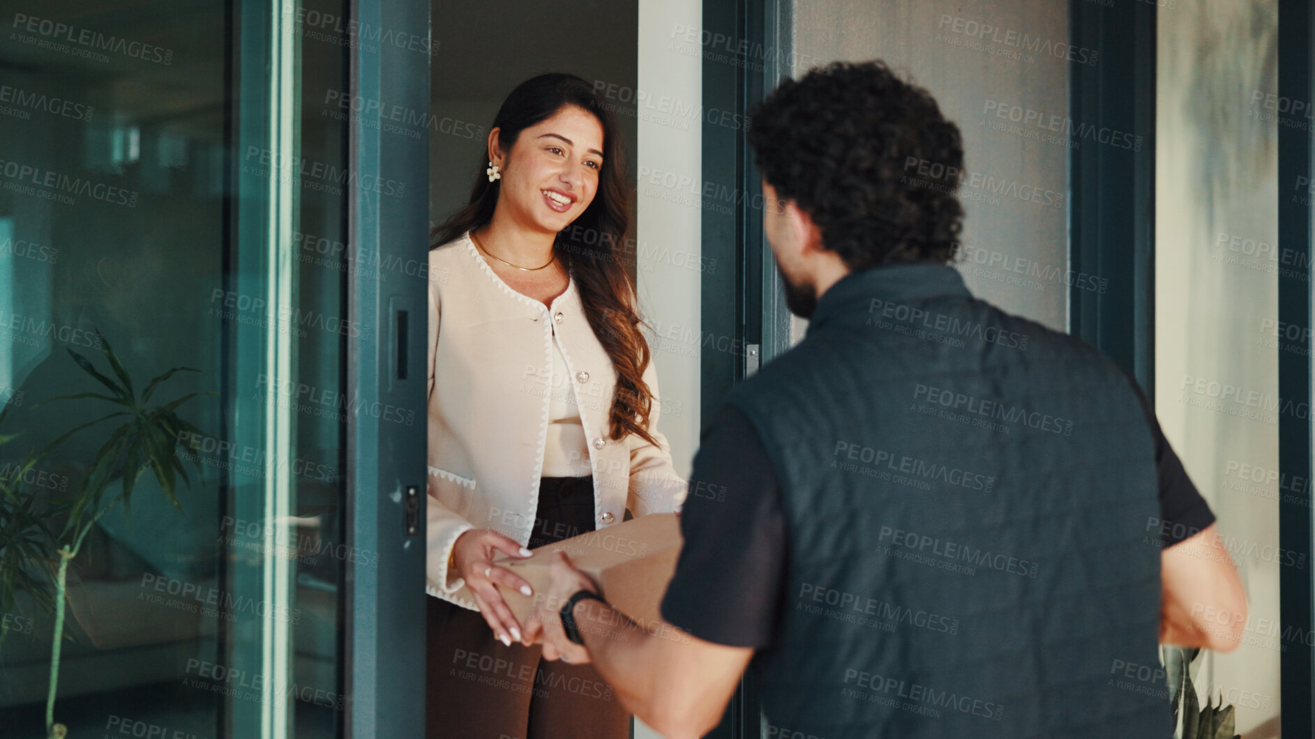 Buy stock photo Happy, woman and delivery man at front door with box, ecommerce package and shipping service at home. Person, smile and courier worker at house with parcel distribution, customer order and postage.