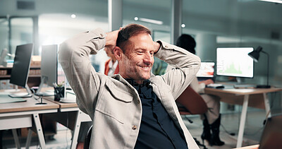 Buy stock photo Laptop, happy man and break in office with stretching, design completion and done with project. Coworking, mature web designer or satisfaction for site launch, deadline submission or final handover