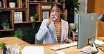 Office, drinking and business woman with water for hydration, energy and vitamins for working. Professional, computer and African person with liquid for health, wellness and improve concentration