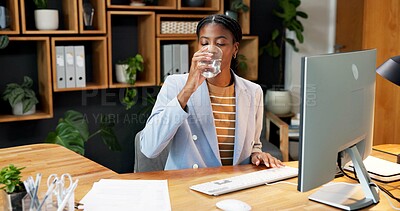 Buy stock photo Office, drinking and business woman with water for hydration, energy and vitamins for working. Professional, computer and African person with liquid for health, wellness and improve concentration