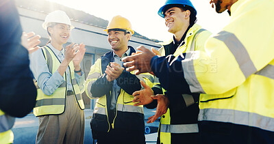 Buy stock photo Applause, people or meeting with construction team for building achievement or mission together. Happy, clapping or group of contractors with smile in huddle for architecture development or success