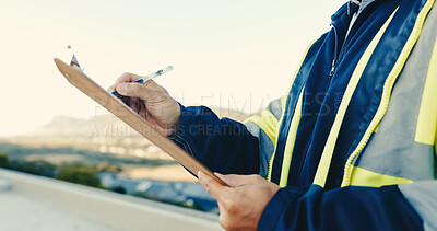 Buy stock photo Person, hands or architect with clipboard on construction site for building checklist or safety. Contractor, civil engineer or writing with survey for architecture maintenance, security or inspection