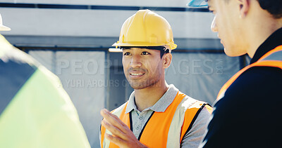 Buy stock photo Man, builder and discussion with team on construction site for building design, strategy or ideas. Male person, conversation or talking with group of contractors for architecture development together