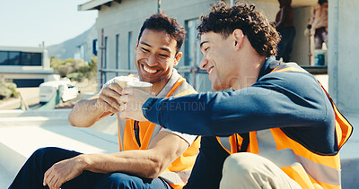 Buy stock photo Construction, cheers and men with coffee, progress success and break together on renovation site. Happy, rest and engineer with drink toast, team connection and accomplishment in remodeling project.