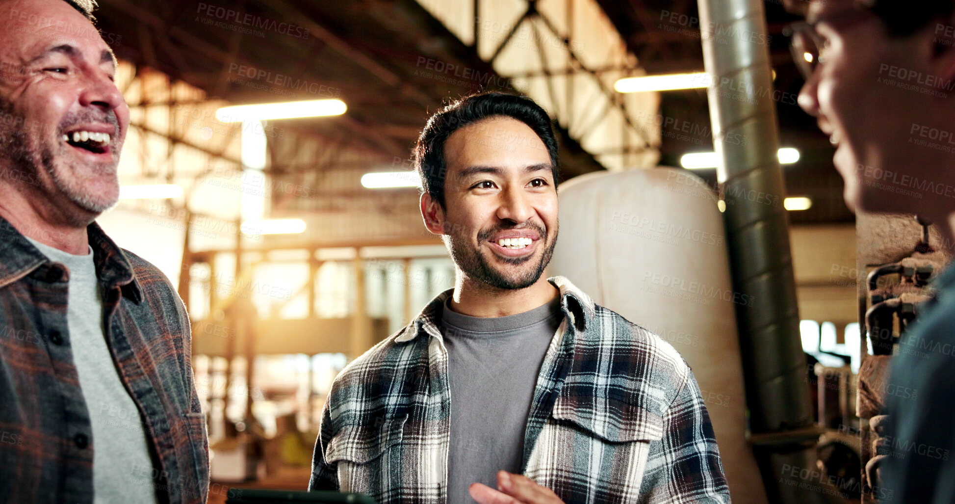 Buy stock photo Carpenter, people and laugh in workshop with conversation, meeting and funny idea for manufacturing. Happy, manager and team in factory with carpentry joke, discussion and collaboration for project