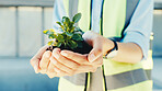Sustainable, construction or hands with leaf, site esg or compliance in environmental responsibility. Space, person or engineer with plant, eco building or resource conservation in green development.