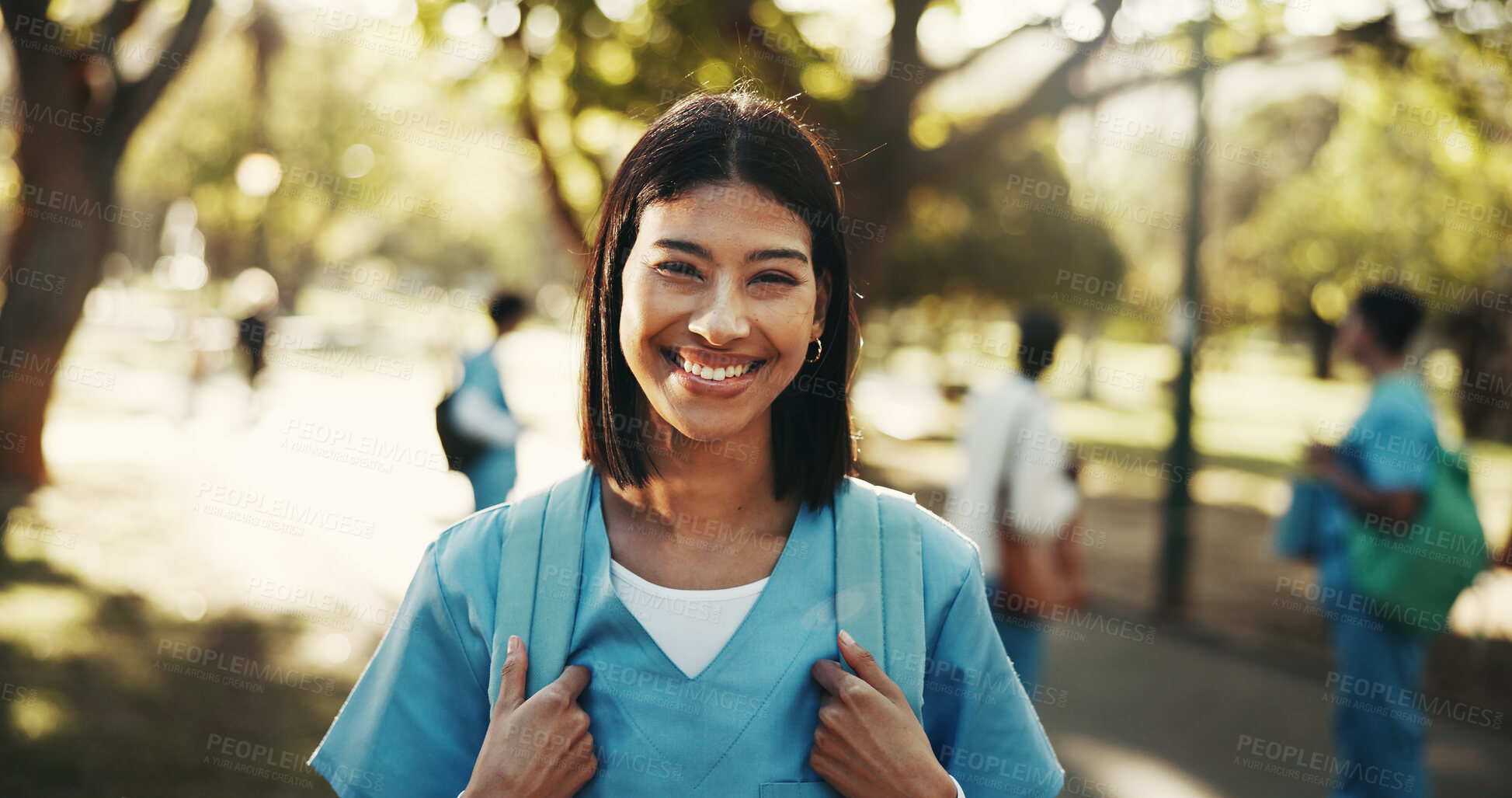 Buy stock photo Woman, nurse or medical student with smile outdoor for scholarship development, wellness or portrait. Healthcare, intern and happy female person at park, residency and education at nursing school