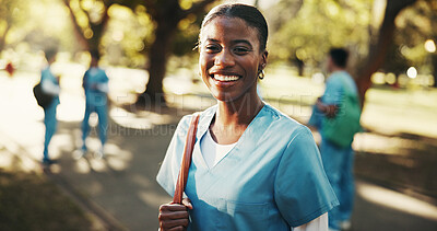 Buy stock photo Woman, nurse and student at park for healthcare scholarship, development and growth with happiness. Medical learner, smile and portrait of person outdoor, residency and education at nursing school
