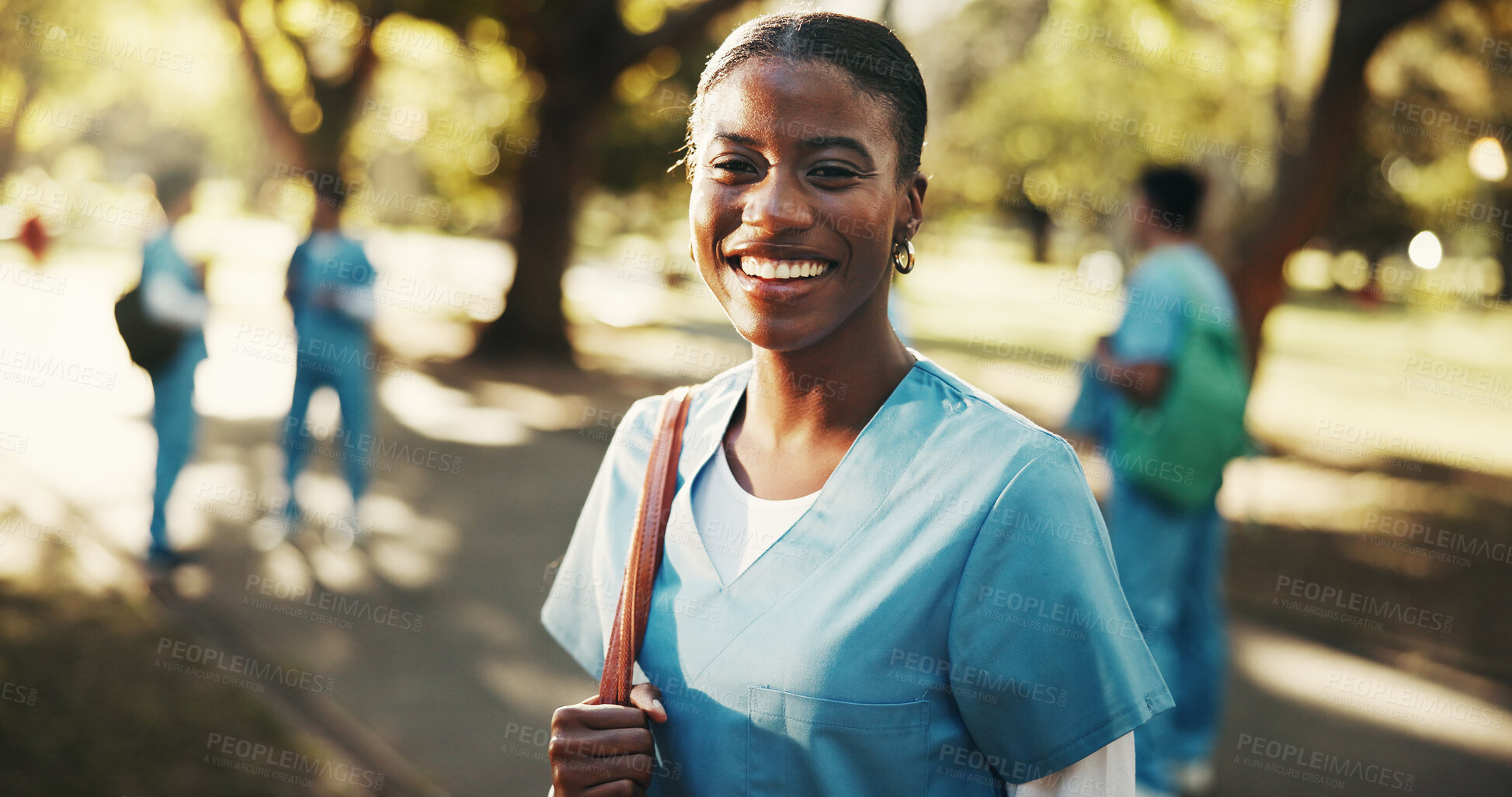 Buy stock photo Woman, nurse and student at park for healthcare scholarship, development and growth with happiness. Medical learner, smile and portrait of person outdoor, residency and education at nursing school