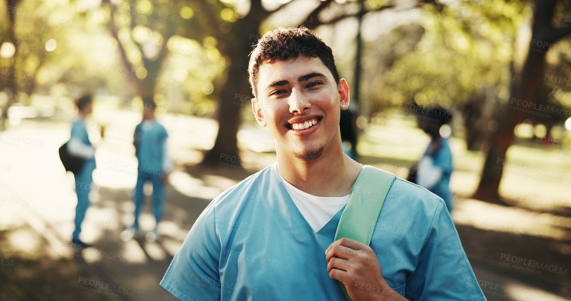 Buy stock photo Man, nursing and medical student with smile outdoor for scholarship, development or opportunity. Healthcare, intern and portrait of happy male person at park, residency and education at nurse school