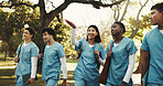 People, student and medical team in park for nursing internship, discussion or exploring residence. Group, friends or healthcare interns walking on outdoor campus for health study in university