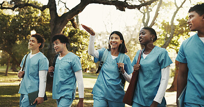 Buy stock photo People, student and medical team in park for nursing internship, discussion or exploring residence. Group, friends or healthcare interns walking on outdoor campus for health study in university
