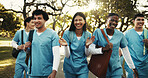 Friendship, smile or nursing student outdoor with walk, connection or support in medical education. Happy, interns or people with stroll, bonding together or group unity in healthcare residency.