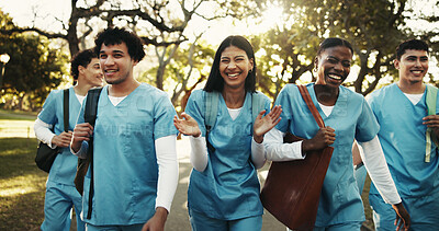 Buy stock photo Friendship, smile or nursing student outdoor with walk, connection or support in medical education. Happy, interns or people with stroll, bonding together or group unity in healthcare residency.