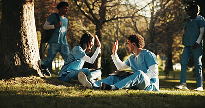 Buy stock photo People, nurse and high five in outdoor park for teamwork, winning or medical success together. Man, woman or friends with achievement for nursing internship or acceptance on grass field in nature