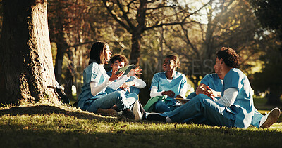 Buy stock photo Nurse, medical students and talking outdoor for education, exam preparation or study with tablet. People, healthcare and discussion at park with tech for course module, friends learning and smile