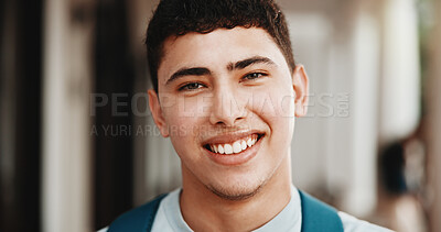 Buy stock photo Portrait, man and student at university with smile, exchange program and scholarship for education. Happy, male person and confident at campus with backpack, start semester and learning for knowledge