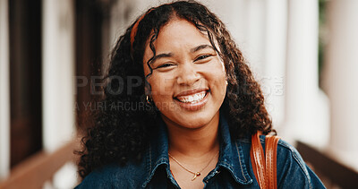 Buy stock photo Student, portrait and happy girl with pride in university for academic learning or scholarship. Female person, learner or smile with confidence for academy learnership or higher education on campus