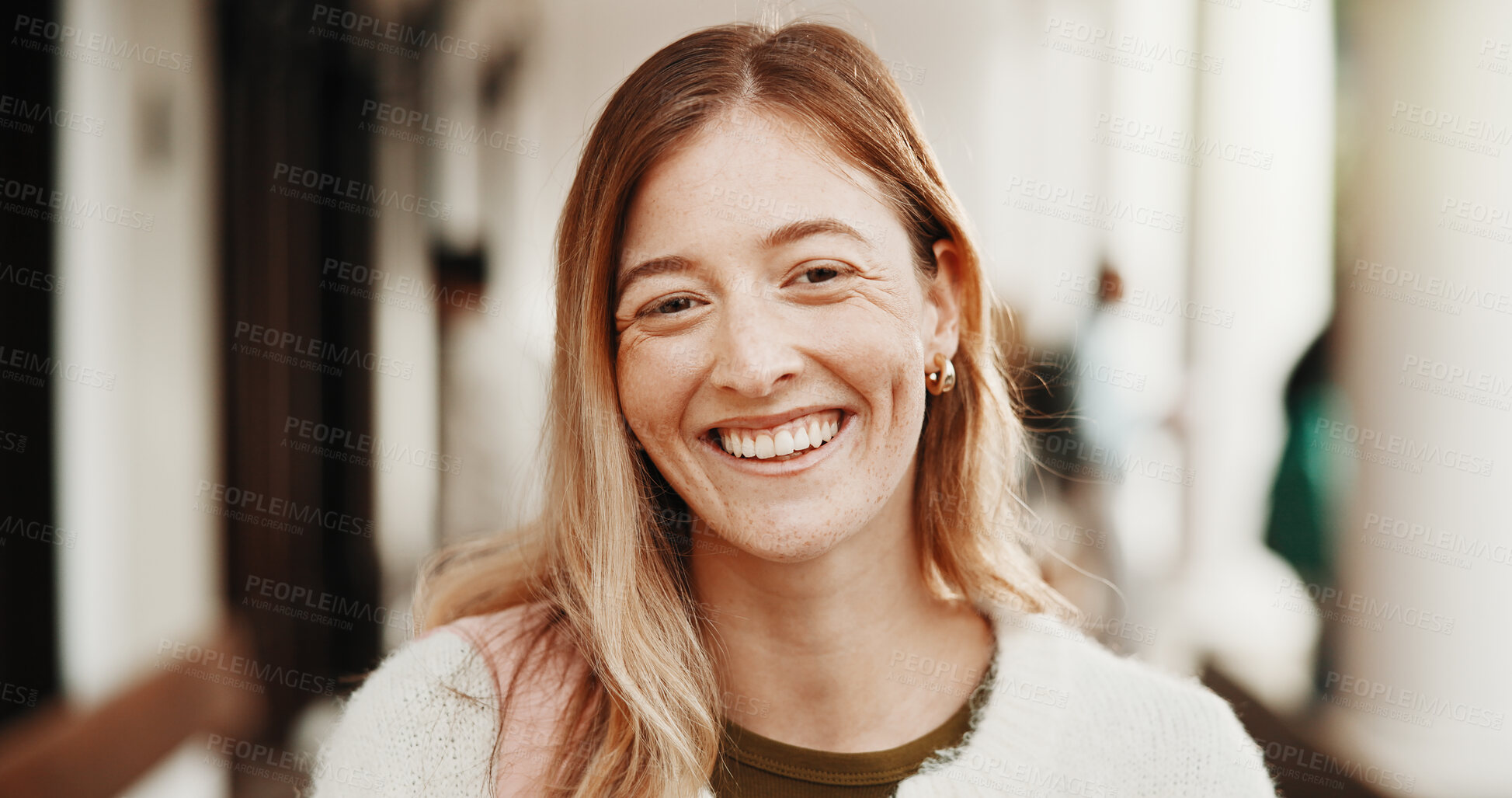 Buy stock photo Student, portrait and happy girl in university for academic learning opportunity or scholarship. Female person, learner or smile with confidence or pride for academy or higher education on campus