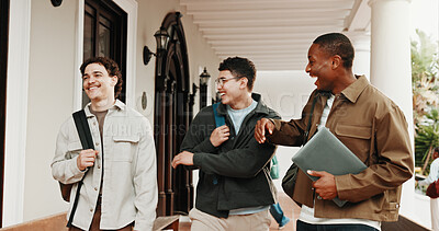 Buy stock photo Boys, student and laughing with conversation for funny joke, humor or comedy together on campus. Male people, academic learner or friends with smile for bonding, gossip or rumor in university academy