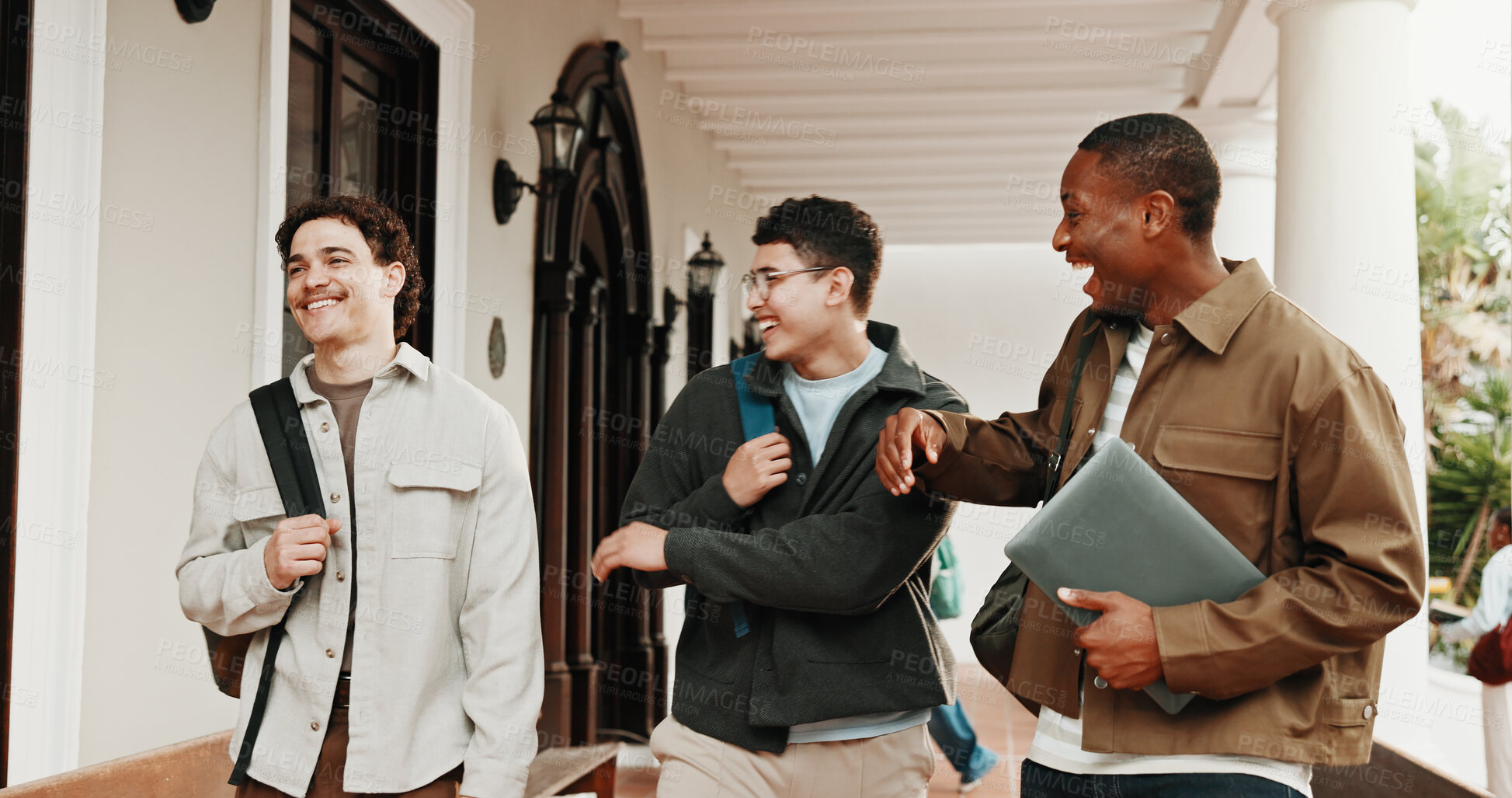 Buy stock photo Boys, student and laughing with conversation for funny joke, humor or comedy together on campus. Male people, academic learner or friends with smile for bonding, gossip or rumor in university academy