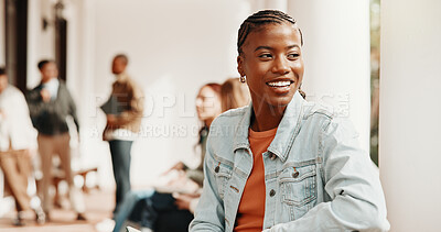 Buy stock photo Happy, student and woman at university with reflection, positive mindset and thinking of education. Person, smile and vision outdoor on college campus with scholarship, plan and learning for future.