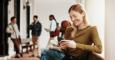 Buy stock photo Smile, college student and phone on campus for education, check class schedule or online results. Happy, woman and mobile app on study break for university portal, search library hours and test mark