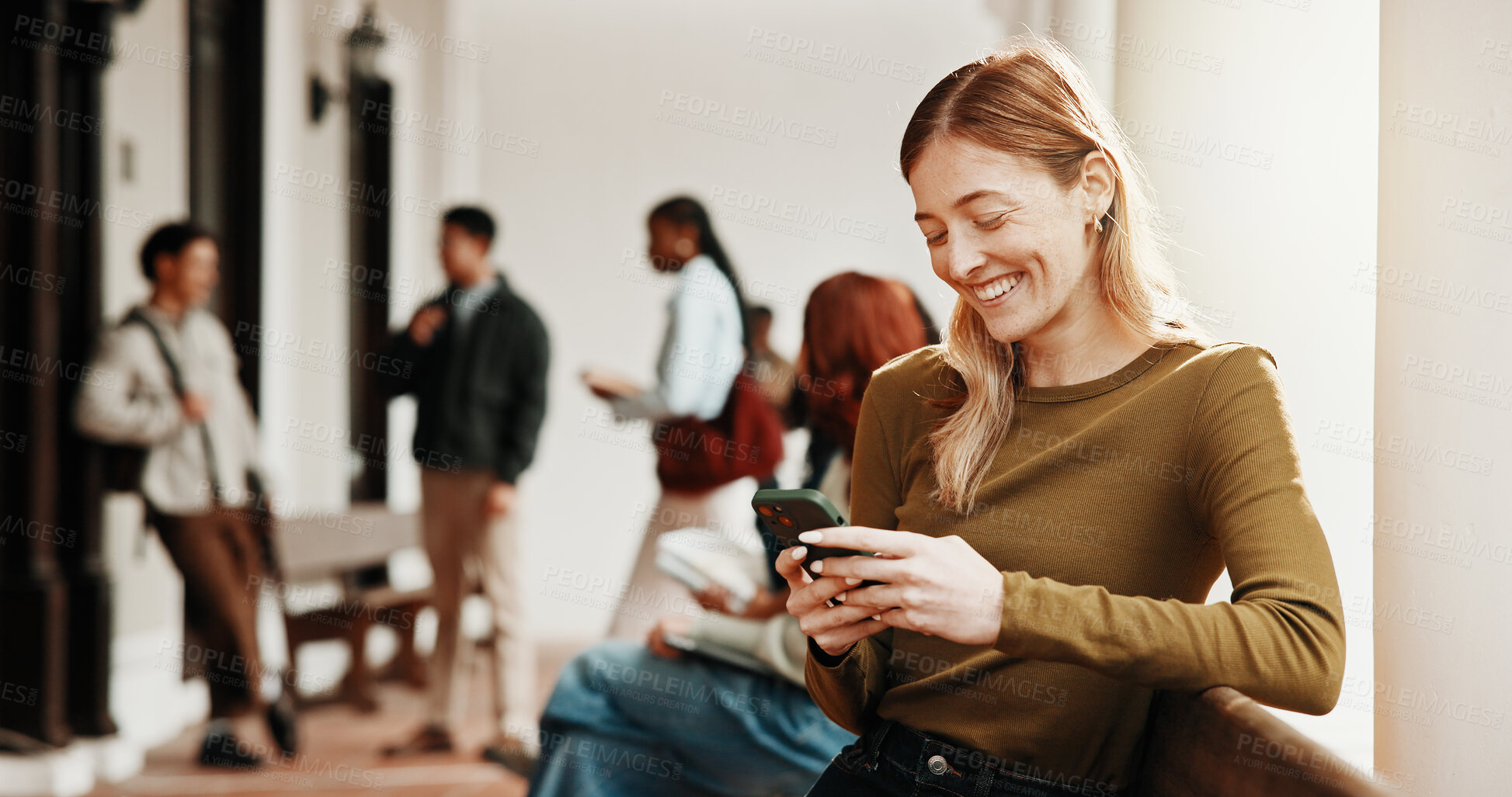 Buy stock photo Smile, college student and phone on campus for education, check class schedule or online results. Happy, woman and mobile app on study break for university portal, search library hours and test mark