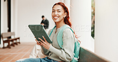 Buy stock photo Portrait, student and happy woman with tablet for education, academic information or college website. Campus, female person and smile for digital results, assessment or online for module project