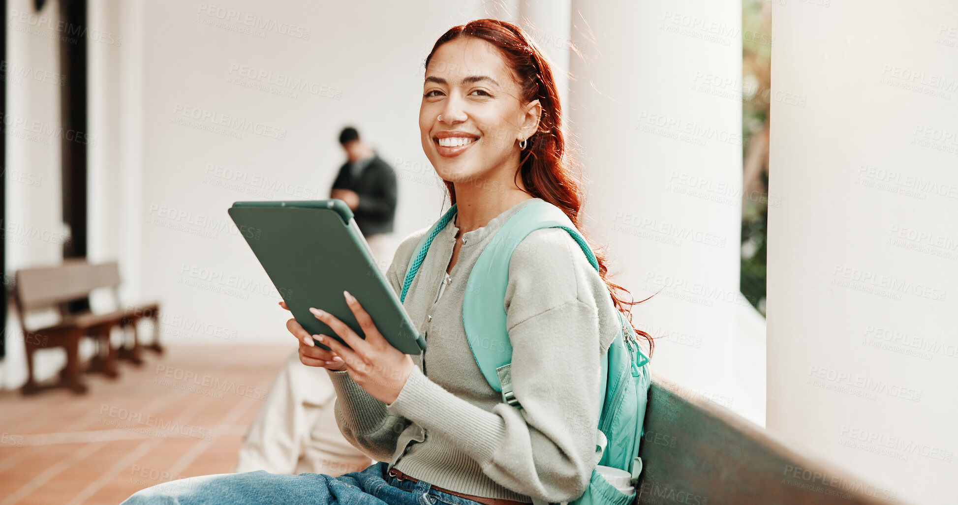 Buy stock photo Portrait, student and happy woman with tablet for education, academic information or college website. Campus, female person and smile for digital results, assessment or online for module project
