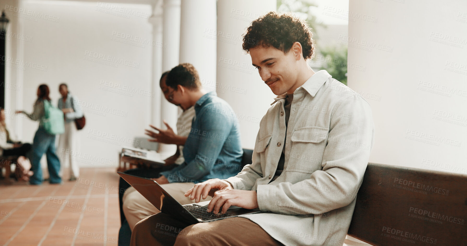Buy stock photo Typing, student and happy man with laptop for education, academic information or college website. Campus, male person and smile for research with results, assessment or online for module project