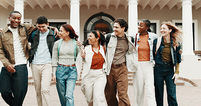 Buy stock photo People, students and walking at campus for education, discussion and study session for knowledge. Smile, friends and laugh outdoor with backpack, scholarship and interaction for learning at college