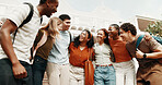 Student, group or laughing with friends in university for recess, academic break or unity on campus. People, community or outdoor learners with smile in huddle for friendship together on college