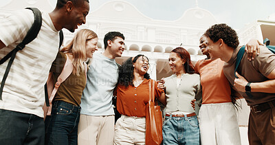 Buy stock photo Student, hug or laughing with friends in university for recess, academic break or unity on campus. People, community or group of learners with smile in huddle for friendship together on college