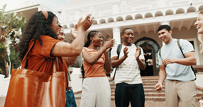 Buy stock photo Student, applause or happy with friends in university for winning achievement or success on campus. People, community or group of learners clapping with smile for academic mission together on college